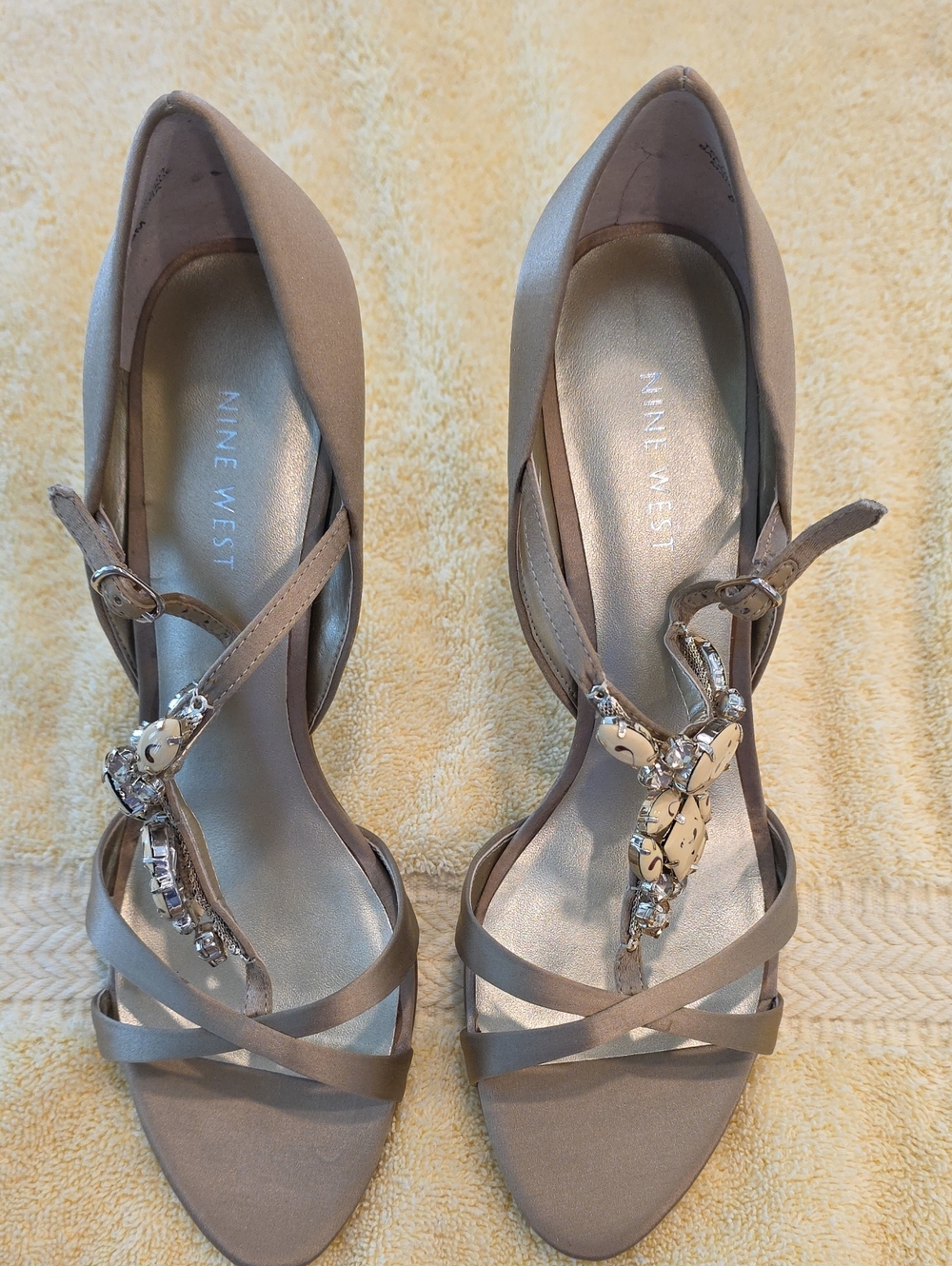 Nine West Satin Taupe T-Strap Heels with Ceramic Stones & Crystal Accents.